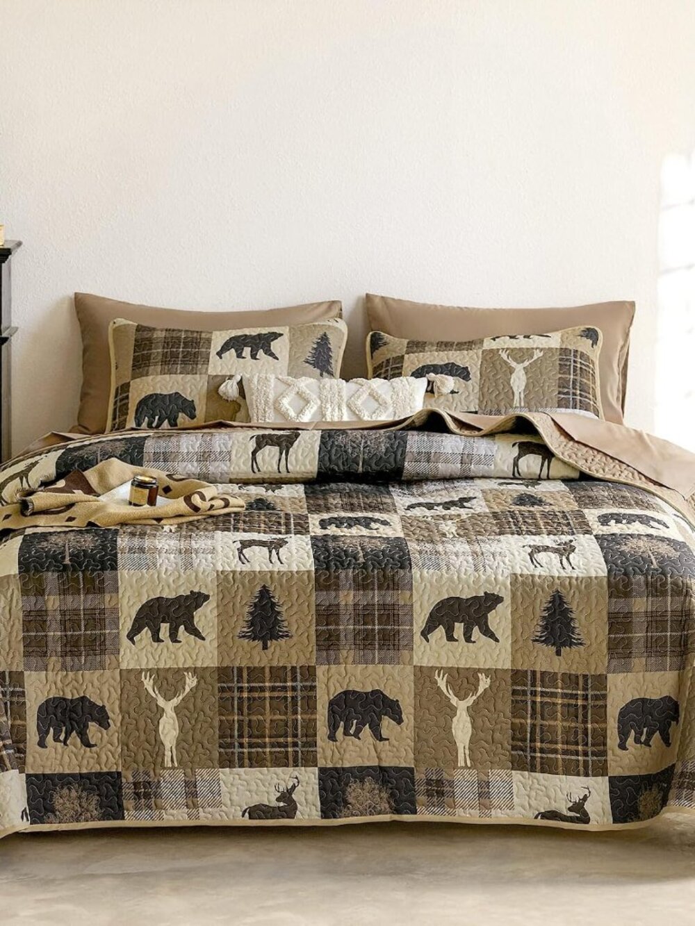 Rustic Quilt Set, Cabin Lodge Christmas Bear Moose Deer Wildlife Western Patchwo
